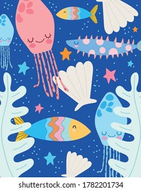 under the sea, jellyfish fishes starfishes leaves wide marine life landscape cartoon vector illustration