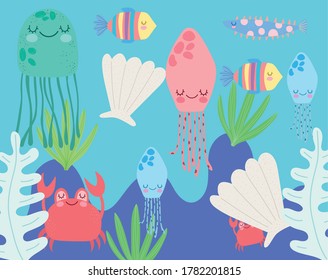 under the sea, jellyfish shell crab fish algae wide marine life landscape cartoon vector illustration