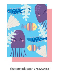 under the sea, jellyfishes fishes shell algae wide marine life landscape cartoon vector illustration