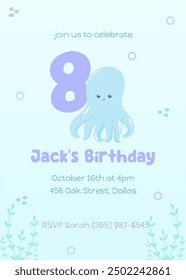 Invitación para la fiesta de cumpleaños del octavo bajo el mar en estilo lindo plano. Invitación de estilo submarino para fiesta infantil en colores púrpura azul suave con pulpo azul feliz. Postal de la vida marina para niños 