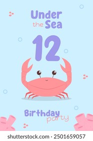 Under the sea kids twelfth birthday greeting card. Cute invitation for children birthday party with red crab and pink corals in blue purple colors. Marine life postcard children concept vector