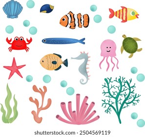 Under the Sea Life Animal or Aquarium set vector illustration. Fishes, Shell, Jelly Fish, Turtle, Starfish, Crab, Seahorse and Corals. Decorative element for many purposes.