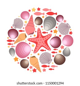 Under the sea life circle print, underwater world summer template isolated on white background, shell, clam, scallop, conch, vector illustration for card, invitation, poster, fabric, surface print.