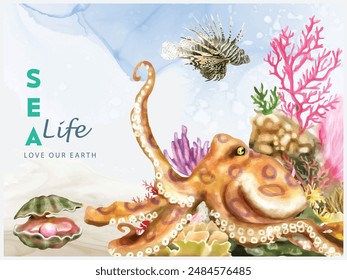 under sea life watercolor background