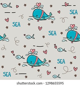 Under the sea life whales and fishes vector seamless pattern 