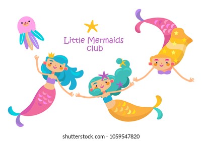 
Under the sea - little mermaid, fishes, sea animals and starfish, vector collection. Festival sea summer collection. 