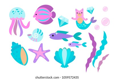 
Under the sea - little mermaid, fishes, sea animals and starfish, vector collection. Festival sea summer collection. 