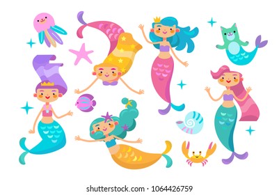 Under the sea - little mermaid, fishes, sea animals and starfish, vector collection. Festival sea summer collection. 