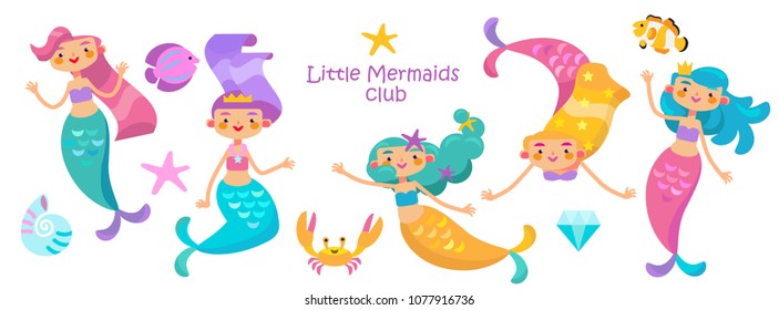 Under the sea - little mermaid, fishes, sea animals and starfish, vector collection. Festival sea summer collection. 