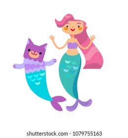 Under the sea - little mermaid, fishes, sea animals and starfish, vector collection. Festival sea summer collection. 