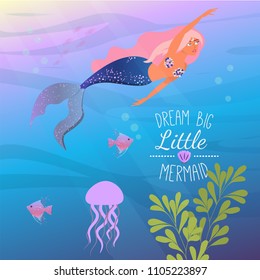 Under the sea little mermaid, fishes, sea animals. Vector collection