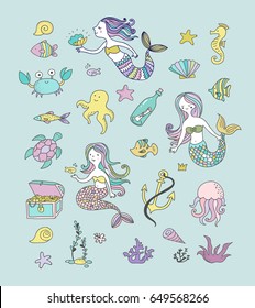 Under the sea - little mermaid, fishes, sea animals and starfish, vector collection