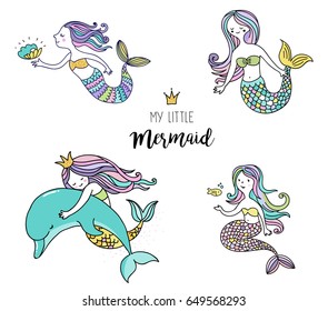 Under the sea - little mermaid, fishes, sea animals and starfish, vector collection