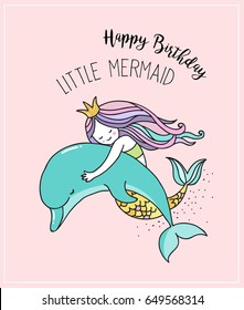 Under the sea - little mermaid, fishes, sea animals and starfish, vector collection