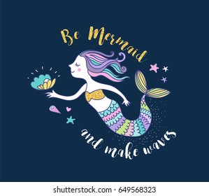 Under the sea - little mermaid, fishes, sea animals and starfish, vector collection