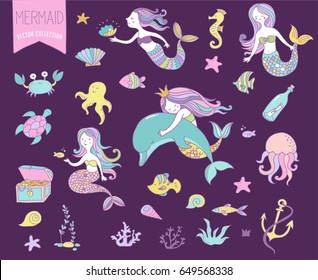 Under the sea - little mermaid, fishes, sea animals and starfish, vector collection