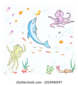 Under the sea. The little octopuses having fun with a Dolphin.