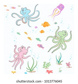 Under the sea. The little octopuses play with fish and corals.