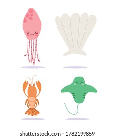 under the sea, lobster stingray jellyfish wide marine life landscape cartoon vector illustration