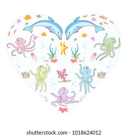 Under the sea. Marine animals and fish swirl in the dance of love.