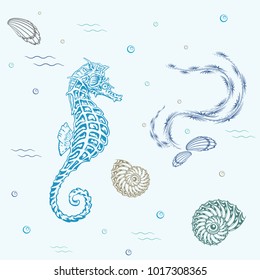 Under the sea. Marine seamless pattern, vector hand drawn vintage illustration of seahorse, starfish, coral springs and seashell.