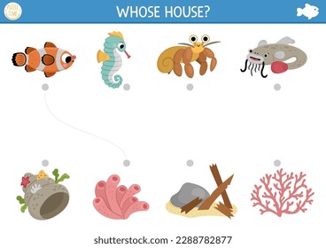 Under the sea matching activity with cute fish and houses. Water puzzle with clownfish, seahorse, hermit crab, catfish. Match the objects game. Printable worksheet. Ocean match up page