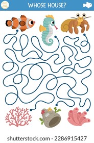 Under the sea maze for kids with clown fish, seahorse, hermit crab and their houses. Ocean preschool printable activity with corals, sea anemone, shell. Water labyrinth game or puzzle 
