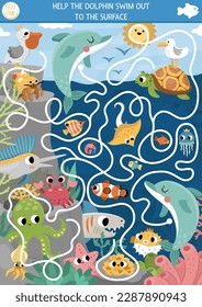 Under the sea maze for kids with marine landscape, fish, pelican, reef, octopus. Ocean preschool printable activity. Water labyrinth game or puzzle. Help the dolphin swim out to the surface
