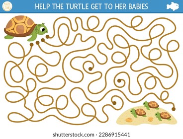 Under the sea maze for kids with tortoise, seashells, sand. Ocean or mothers day preschool printable activity. Water labyrinth game or puzzle. Help the turtle get to her babies
