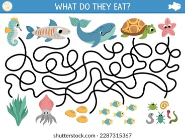 Under the sea maze for kids with turtle, whale, shark, seahorse, starfish. Ocean preschool printable activity with fish and their food. Water labyrinth game or puzzle. What do they eat
