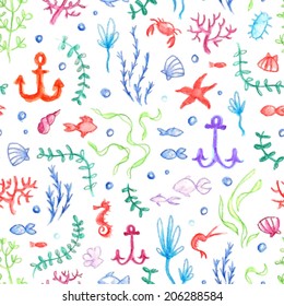 Under the sea. Nautical vector seamless pattern. Watercolor doodle style.