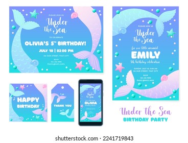 Under the Sea party invitation templates. Set of cute backgrounds decorated with mermaid tails, pearls and star fish. Vector 10 EPS.