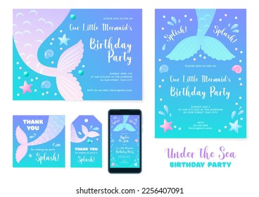 Bajo las plantillas de invitación de Sea party. Montaje adorable decorado con colas de sirena, perlas y estrellas de pescado. Vector 10 EPS.