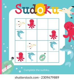 Unter dem Meer Puzzle Spiel für Kinder. Cute Sea Kreaturen in Sudoku. Vektorgrafik. Ocean Animals Sudoku für Kinder Aktivitätsbuch. Quadrat buchen.