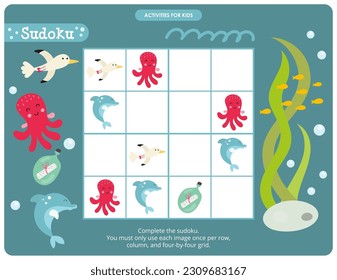 Under the Sea Puzzle game for children. Cute Sea Creatures in Sudoku. Vector illustration. Ocean Animals Sudoku for kids activity book.