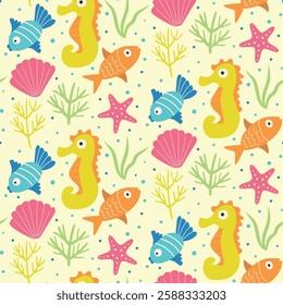 Under the sea seamless pattern featuring colorful fish, seahorse, seashells, starfish, seaweeds, and corals. For summer print, wallpaper and fabric