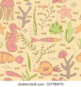 Under The Sea Seamless Pattern WIth Fishes, Seahorses, Shells, Sea stars, Seaweeds and Corals. Vector Illustration