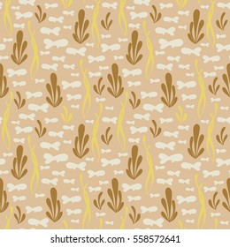 Under The Sea Seamless Pattern WIth Fishes and  Seaweeds. Vector Illustration