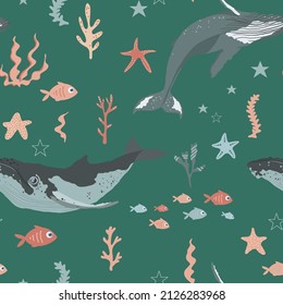 Under the sea seamless pattern with marine animals, whales, fish, starfish and algae. Vector ornament, cartoon characters for textile, wrapping, decor