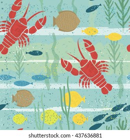 Under sea seamless pattern. Marine texture with lobster, fish, seaweed. Perfectly look on fabric, wrapping, textile. Vector illustration