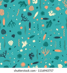 Under the sea seamless pattern with various of fishes, sponges and reef corals. Ocean underwater seamless pattern in vector.