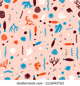 Under the sea seamless pattern with various of fishes, sponges and reef corals. Ocean underwater seamless pattern in vector.