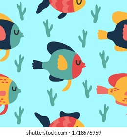 Under the sea seamless pattern with various of fishes. Ocean underwater seamless pattern in vector. Perfect for summer greeting cards.Summer flat vector cartoon postcards.