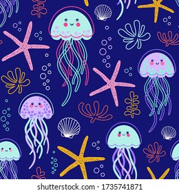 Under the sea. Seamless vector pattern with neon jellyfish, water plants and shells. 