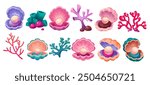 Under the sea. Seashell, tropical shellfish and beach snail shell. Ocean coral, conch and cute underwater reef, undersea decorative colorful exotic natural flora. Vector elements cartoon set