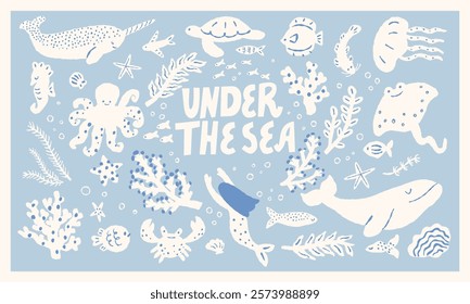 Under the sea set. Collection of various sea creatures and plants. Vector hand drawn illustration. All elements are isolated.
