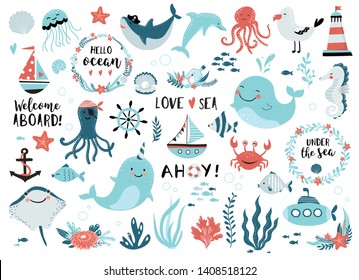 Under the sea set - cute whale, narwhal, ship, lighthouse, anchor, marine plants,  wreaths and quotes.  Perfect for scrapbooking, greeting card, party invitation, poster, tag, sticker kit.