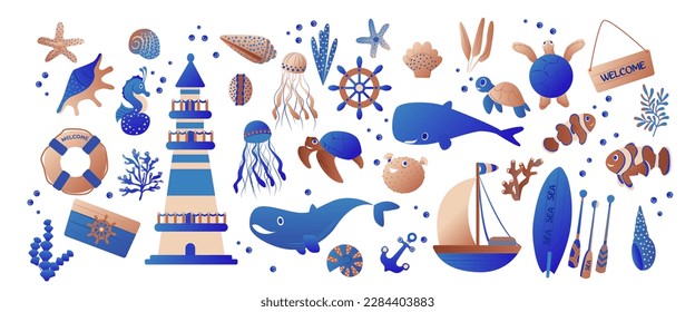 Under the sea set - Lighthouse, whales, fish, turtles, shells, surfboard, algae, jellyfish, seahorse, treasure chest, etc.Perfect for scrapbooking, greeting card, party invitation, poster, tag, sticke