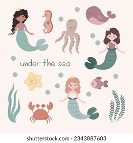 Under the sea set, underwater world collection, mermaids, kids illustration