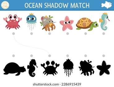 Under the sea shadow matching activity. Ocean puzzle with cute hermit crab, jellyfish, starfish, turtle, seahorse. Find correct silhouette printable worksheet or game. Water animals page for kids
